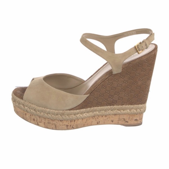 Authentic Gucci Tan and Brown Wedge Sandals Size EU 42 or US Size 12